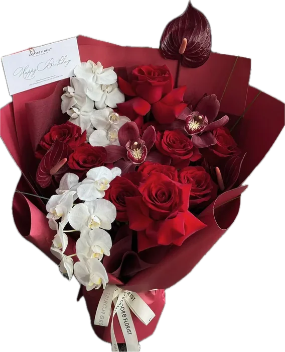 Abundant Heart Bouquet: deep red roses and white orchids in burgundy wrap
