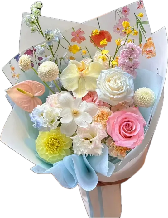 Pastel bouquet of roses, orchids, dahlias and anthurium in white and sky-blue wrap